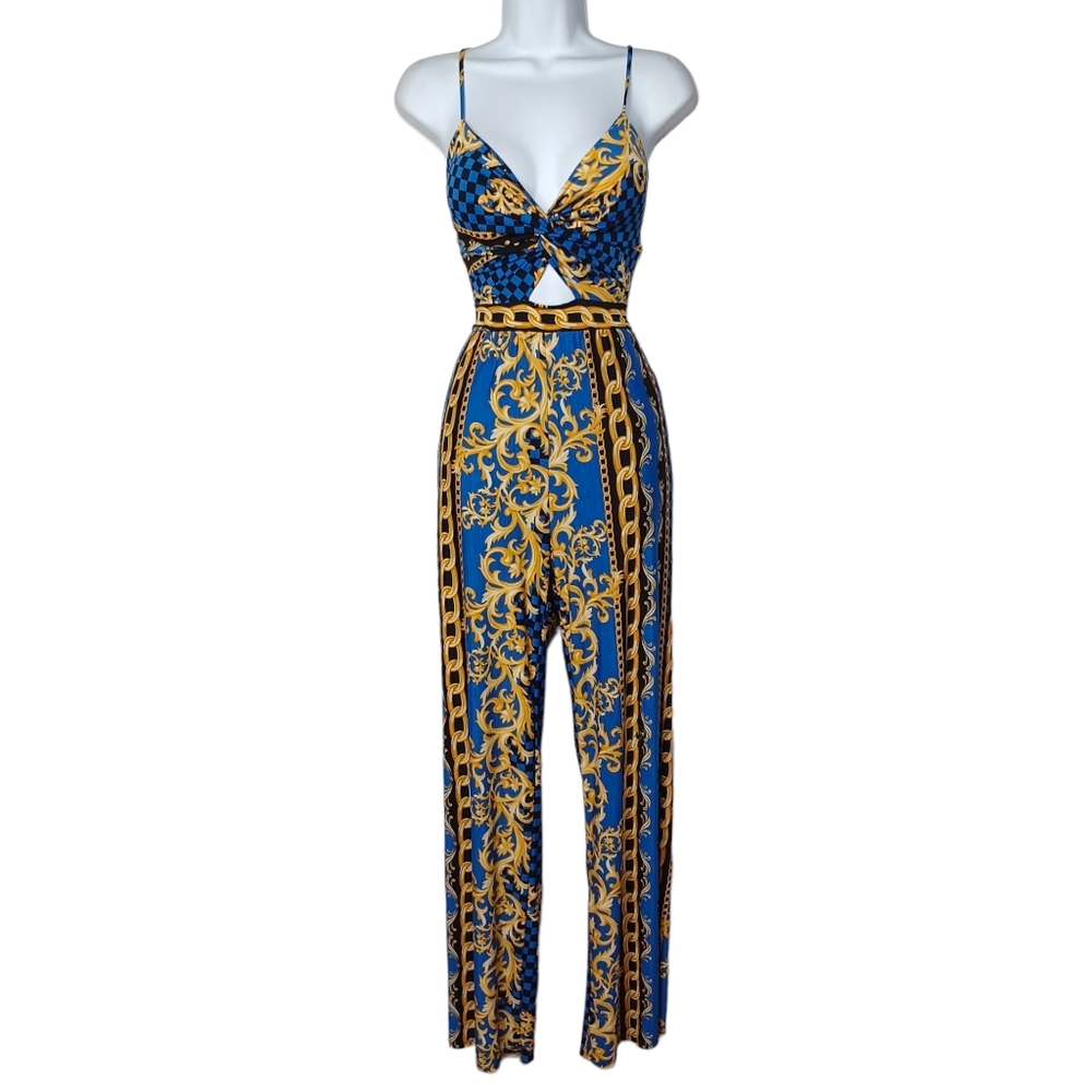 CHERRY MELLOW Royal Blue Yellow Checker Print Sleeveless Jumpsuit Medium